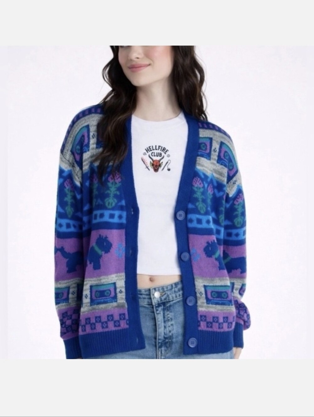 Stranger Things Inspired Blue & Purple Patterned Button-Up Cardigan (Unisex)
